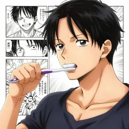 a person with a toothbrush in their mouth, a comic book panel by Eiichiro Oda, trending on pixiv, les nabis, booru, anime, official art