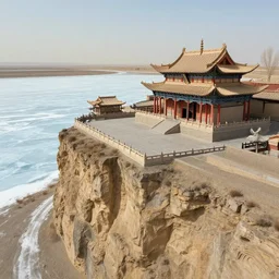 A temple plaza on a cliffside overlooking a frozen desert, art by Feng Zhu