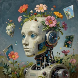 a painting by Thomas Cole of a vaporwave robot head with flowers growing out, alternative reality mirrors, highly detailed 3d rendering from 1996