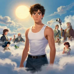 masterpiece portrait of a ( ( ( technology ) ) ), ( ( guapo joven spanish prince camisa tanktop ) ), nubes y magia, el sol, concept character, by greg rutowski and tezuka and oi and mucha and bierstadt and remington, trending on artstation