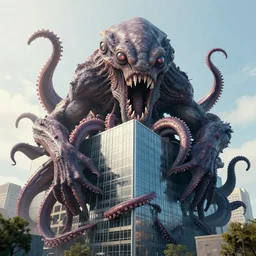 A very giant Kraken-like multi-eyed monster jumped up with its jaws on a office building and wrapped his tentacles all around him. High detail, front view, photorealism, concept art, octane render, zoom, 8k