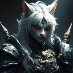 an concept art of the cat king, pale hair, one eye, intricate details, detailed face, detailed armour, artstation, epic pose, ambient light, by eiichiro oda