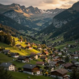 tilt shift focus, miniature alpine valley, quaint town, fill light, golden hour, extreme dof