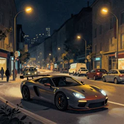 a sport car in a dense city at night, some street lights, art by ismail inceoglu, filip hodas, and artful escape.