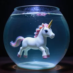 a small unicorn swimming underwater inside a fishbowl, hyperrealism, dramatic