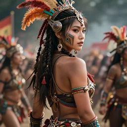hyper realistic photography portrait of postapocalyptic madmax cyberpunk asian japanese cyborg tribal festival warrior curvy voluptuous curvaceous partygirl amazon face cinematic, vallejo, back shot, craig mullins greg rutkowski, artstation, cgsociety