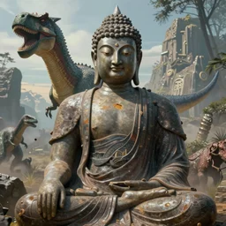 a hyper real comic book style portait painting of buddha in the stone age with dinosaurs, unreal 5, hyperrealistic, octane render, cosplay, rpg portrait, dynamic lighting