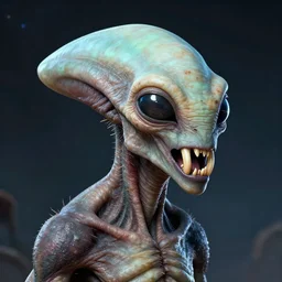a sentient alien from a newly discovered planet. angular jaw, open mouth, large canine teeth and it's throat is covered in spiny hairs, it's smooth bioluminescent skin is splattered by brown freckles on its cheeks, middle aged, hunter gatherer, portrait photograph, beautiful, poster, hyperrealistic