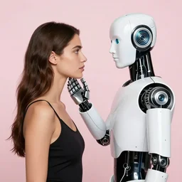 one human victoria's secret model is standing besides one humanoid robot and robot is touching model's face, robot's head is exact copy of model's head, realistic, 4 k