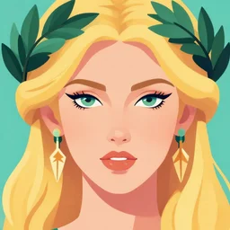 a close up face of a beautiful greek goddess aphrodite wearing a laurel wreath and arrowhead earrings, beautiful piercing eyes with sexy look, beautiful blonde hair, in retro colors, synthwave style, 2 d digital vector art