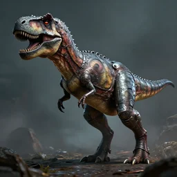 a t-rex with metal enhancements, lovecraftian