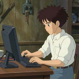a guy connected to his computer with wires and tubes, dystopian, ghibli studio, trending on artstation, hayao miyazaki art,