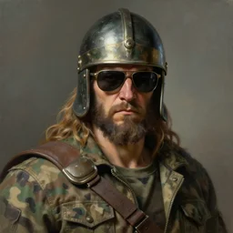 dramatic painting of zeus as a stern tarkov character, wearing helmet, camouflage clothing, sunglasses, painterly, caravaggio, 3 d render, 8 k, detailed face