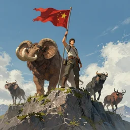 an intricate concept art, illustration, fantasy, man raising a flag, top of the mountain, megafauna, low - angle, close up shot, ultra photorealistic, ultra sharp, artstation, cgsociety, masterpiece, anime colors, style by ivan talavera and wlop, octane render, 8 k