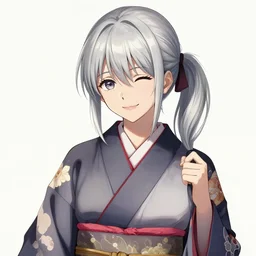 girl, silver hair (ponytail), winking, kimono, trending on artstation, detailed, cinematic portrait, ilustration by Takehiko Inoue ((((and Yoann Lossel))))