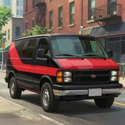 a wholesome animation key shot of one!! focused, black with diagonal red stripe, 1 9 8 3 gmc van, in chicago street, medium shot, studio ghibli, ( pixar ) and disney animation, sharp, very detailed, high resolution, rendered in unreal engine 5, anime key art by greg rutkowski, bloom, dramatic lighting