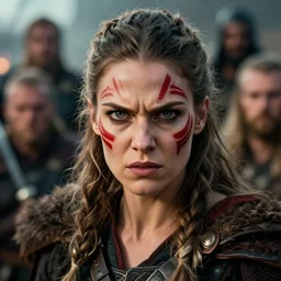 photorealistic headshot of beautiful female viking warrior, angry with big grey eyes, red tribal warpaint, Neil Blevins, James Paick, Natasha Tan Maciej Kuciara, , Frank frazetta, arney freytag, octane, bokeh, 8k, action pose, cinematic, 28mm