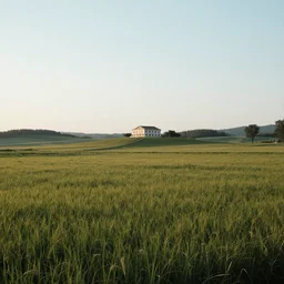 A serene landscape with a singular building in the style of scenic view.