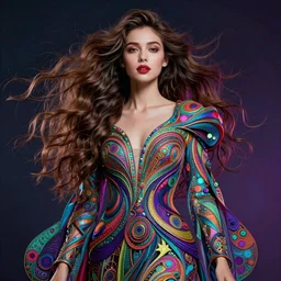 a super realistic young woman, magical, windblown, intricate, synth-wave, retrowave, colorful, vibrant, highly-detailed, elegant, dramatic lighting, gorgeous face, lifelike, photorealistic face, long luxurious intricate gown, digital painting, artstation,  illustration, concept art, smooth, sharp focus, art by Jude Palencar, John Collier, artgerm, and Albert Aublet and Krenz Cushart and Artem Demura and Alphonse Mucha