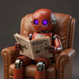futuristic lonely matte brown and red full-body humanoid robot with two huge round expressive sad purple glowing LED eyes and open rectangular mouth sitting on a large comfortable cushioned 1950s vintage recliner reading a newspaper. open newspaper. Cinematic Movie Photograph, Arri Alexa, Extremely Detailed, smooth, very very clean, 8K, octane render, maya render, unreal engine, trending on artstation, DSLR, excellent composition, center frame