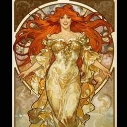 Rafael Albuquerque comic art, Alphonse Mucha, pretty female Hayley Williams Paramore, vampire, fully red eyes, sharp teeth smile, symmetrical face, victorian dress, long red hair, full body action pose