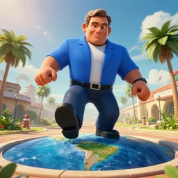 giant Ron DeSantis stomping on the world in a video game dramatic scenery
