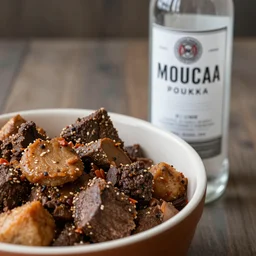 photo realistic, close up, pot of cholent next to a bottle of ice cold vodka.