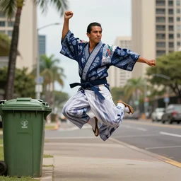 porttait of an Italian Mexican wearing a navy and white sepuku Japanese uniform in jumping outside a trashbin in Kalakaua avenue in Waikiki, intricate, elegant, highly detailed, centered, digital painting, artstation, concept art, smooth, sharp focus, illustration, by Peter Mohrbacher, WLOP