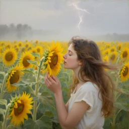 a girl smelling one of sunflowers in an amazing tall sunflower field, hair flowing, fog, early morning lightning, subtle, intricate details, real masterpiece, oil on canvas, by franz kafka