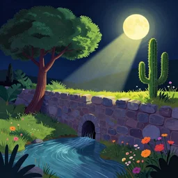colorful sylvain sarrailh illustration of a dark night view of a stone wall with a drain to a river, a tree and a cactus, brightly illuminated by rays of moon, wildflowers, artstation