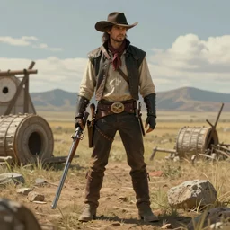 full body character portrait of a gunslinger / knight in the style of high fantasy art in the style of wild west art trending on artstation deviantart pinterest detailed realistic hd 8 k high resolution