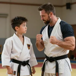 Vengeance Dad meets Karate Kyle, Realistic, Hyperrealistic, 4k Resolution, 8k Resolution, Detailed, Very Detailed, Highly Detailed, HD Quality