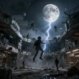 low angle photo of a abandoned cyberpunk shopping mall with humans floating, moon gravity, cinematic lightning, ray tracing, unreal engine, photorealistic, detailed, dark, moody, foggy, scary