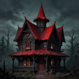 Dark and Gloomy Witch house with red roof,  in style of Anne Stokes