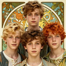 close up portrait of mischievous male teen triplets, blond brunette and redhead by artgerm, cushart krenz, greg rutkowski, mucha. art nouveau. gloomhaven, tropical atmosphere, natural tones, vibrant colors, sharp edges. ultra clear detailed. 8 k. elegant, intricate, octane render