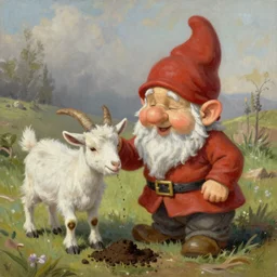 a gnome having delight with goat manure, a detailed oil painting