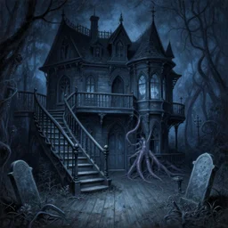 gothic mansion cell with stair and grave in ground, wooden floor, darkness, evil, creepy, science, 1 9 century, hard atmosphere, lovercraft, insmouth, tentacles, artwork, paint, blue tones, detailed, by bastien lecouffe deharme, by jeremy mann, by alexander fedosav