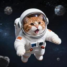 1 9 8 0's color photo of hissing cute ginger cat in spacesuit floating in deep space