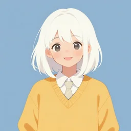 a cute girl with shoulder - length white short hair wearing school uniform, happy expressions, cold pure color background, warm color clothes, sharp focus, youthful, illustration, morandi color scheme, art station, by ilya kuvshinov