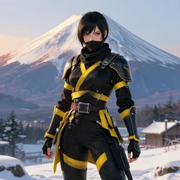 portrait ninja gaiden girl, black and yellow ninja wardrobe, at snowy fuji mountain sunrise, ssci - fi and fantasy, intricate and very very beautiful, detailed, digital painting, artstation, concept art, smooth and sharp focus, illustration, art by tian zi and wlop and alphonse mucha