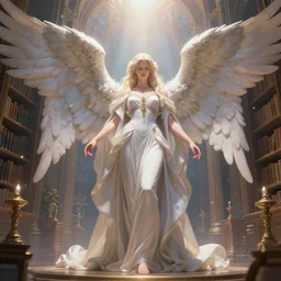 infinitely detailed concept art of angel!! elegantly clothed imposing it's majestic aura, spreading it's gloriously detailed wings in a peaceful dream setting!, artstation!! / pixiv!!! infinitely detailed, library dream world library scenery art concept, dream magical, dream scenery art, dream lighting, full - body majestic angel