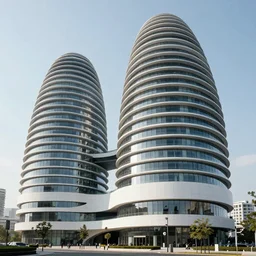 modern beautiful Saha Hadid building with lots of glass and cured surfaces, hypermaximalistic, high details, cinematic, 8k resolution, beautifully detailed, insanely intricate details, artstation trending, octane render, unreal engine, bright lit interiors, warm yellow lights, city background in silhouette, at night,