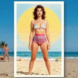 professional movie poster for a stylized 8 0 s summer vacation beach horror banned movie woman female main character large in center retro