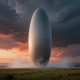 professional cinematic photograph render of a single massive beautiful neo - futuristic matte symmetrical elongated oval monolith by ilm, denis villeneuve, emmanuel shiu, zaha hadid, mist vapor, deep color, architectural scale, grassland, dramatic storm sunset, hard surface, hyperrealism, very high detail, volumetric, trending on artstation, sharp focus, rendered in octane
