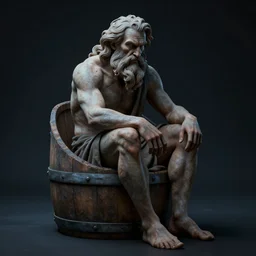diogenes tugging, sitting in a barrel, photorealistic, 3 d model, unreal engine, octane render, ultra quality, eerie lighting, dynamic shadows, 4 k