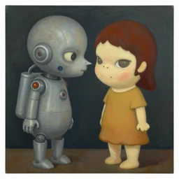 Oil painting by Roberto Matta. Strange mechanical beings kissing. Portrait by Yoshitomo Nara.