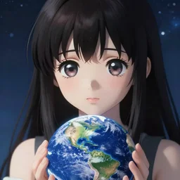 A cosmic girl with big and cute eyes, holding the earth || VERY ANIME, fine-face, realistic shaded perfect face, fine details. Anime. realistic shaded lighting poster by Ilya Kuvshinov katsuhiro otomo ghost-in-the-shell, magali villeneuve, artgerm, Jeremy Lipkin and Michael Garmash, Rob Rey and Kentarõ Miura style, trending on art station
