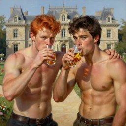 attractive muscular mike with ginger hair with attractive tyler with brunet hair, drinking their hearts out, in their noble mansion. defined to the maximum and highly detailed painting by gaston bussiere, craig mullins 8 k