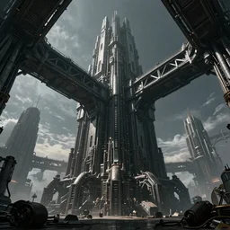 the dark citadel of machines at the edge of the world, Blade Runner style, industrial towers, huge mechanical bridges, photorealistic, octane render, 8k