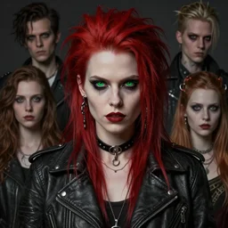 portrait painting of a punk pale woman with green eyes and long red hair wearing a badass leather jacket, ultra realistic, concept art, intricate details, eerie, highly detailed, photorealistic, octane render, 8 k, unreal engine. art by artgerm and greg rutkowski and charlie bowater and magali villeneuve and alphonse mucha